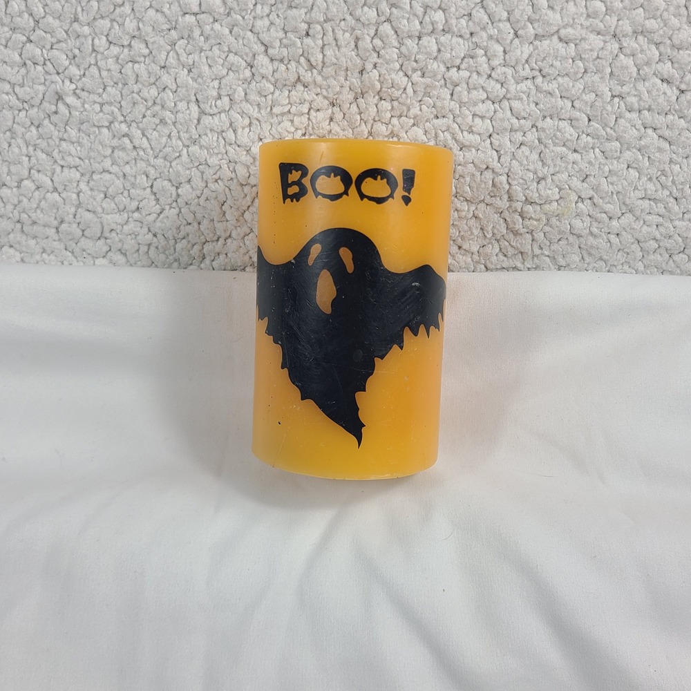Halloween Orange Wax Flameless LED Pillar Candle Ghost Boo Spooky Decor